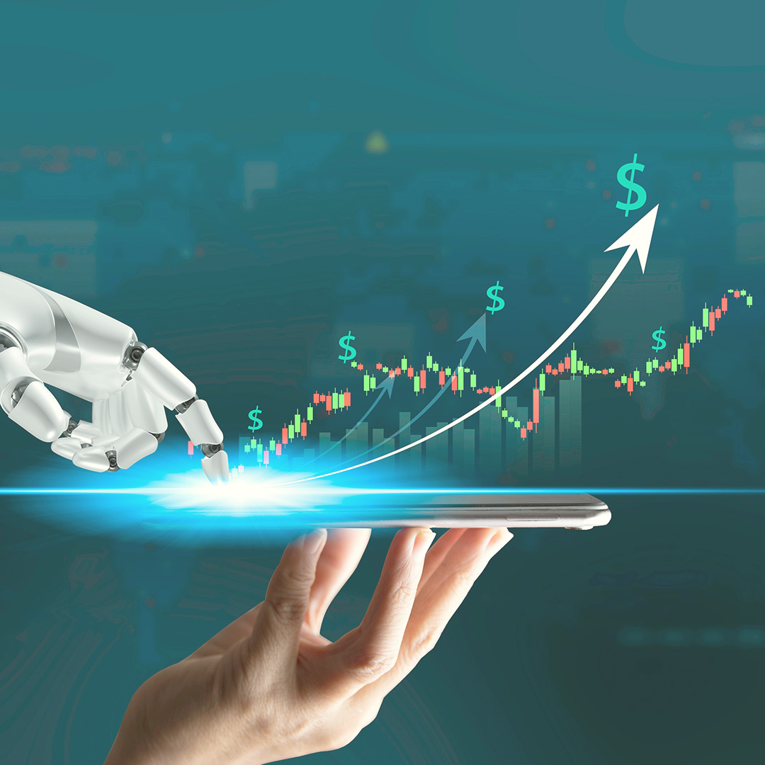 Robotic hand touching a digital screen with a rising financial chart, symbolizing how AdTech and AI innovation drive 10X ROI for modern advertising agencies.