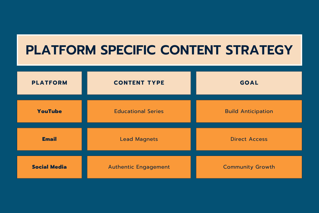 Table outlining platform-specific content strategies for filmmakers. YouTube: Educational Series, Goal Build Anticipation. Email: Lead Magnets, Goal Direct Access. Social Media: Authentic Engagement, Goal Community Growth.