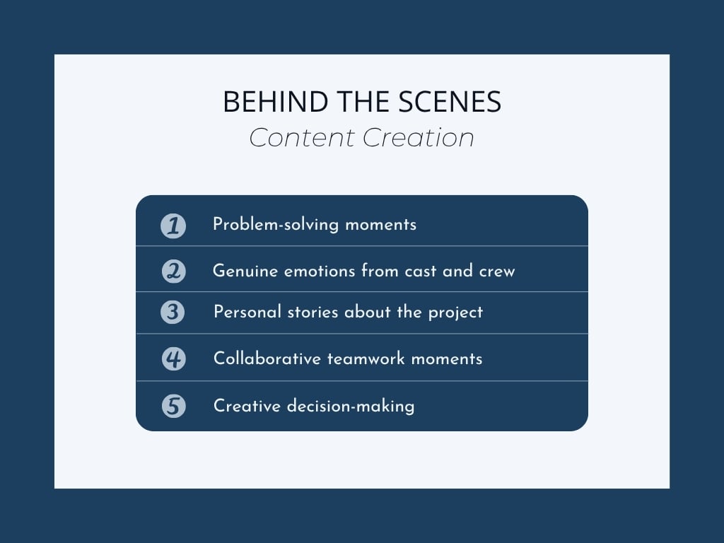 a list of 5 tips for creating behind the scenes content