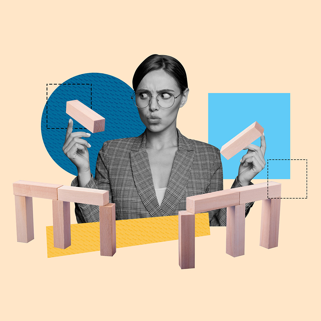 Woman wearing glasses, looking puzzled while holding wooden blocks, with incomplete block structures in front of her on a colorful abstract background, representing confusion in building or understanding complex systems.