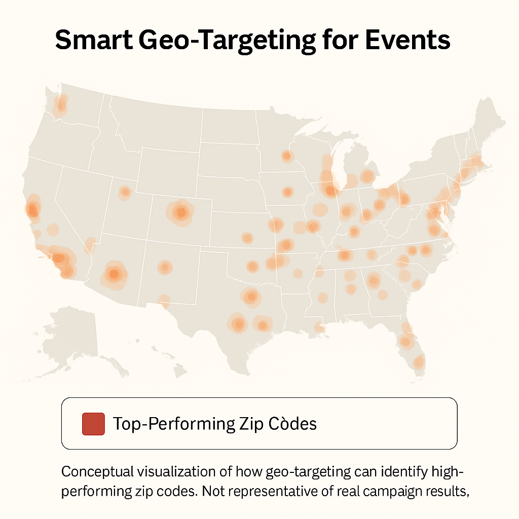 U.S. map heat map showing highlighted clusters of top-performing zip codes as a conceptual example of event geo-targeting. This visualization is illustrative only and not based on actual campaign data