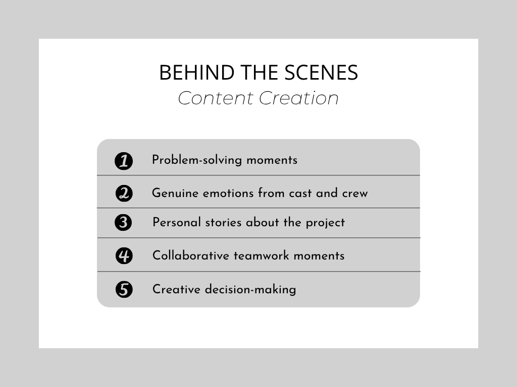 a list of 5 tips for creating behind the scenes content 