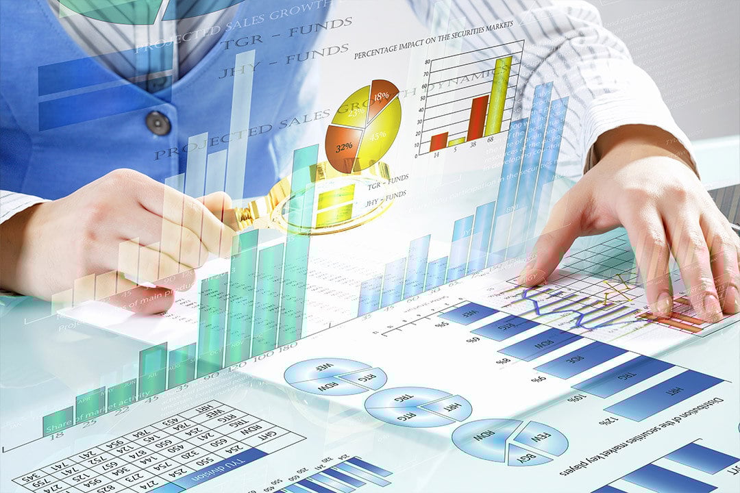 A business professional in a suit analyzing financial data with a magnifying glass, overlayed with various charts, bar graphs, and pie charts. The image represents a deep dive into customer churn analysis, revenue trends, and ad performance metrics to refine marketing strategies and improve retention.