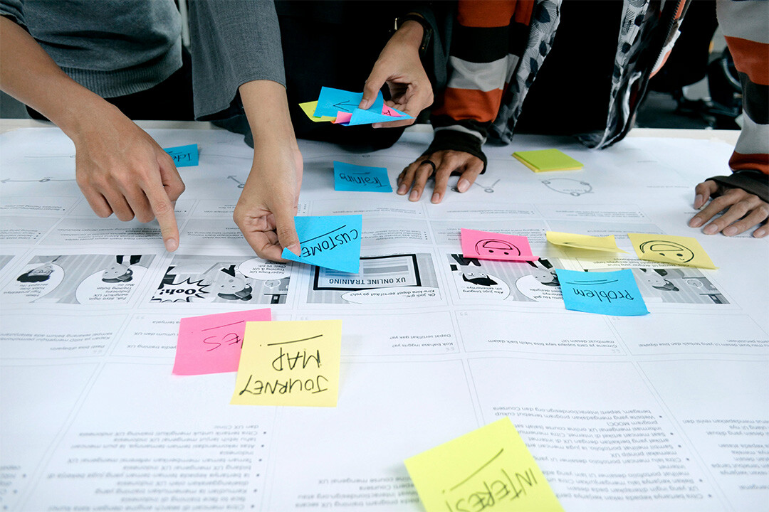 A diverse team of marketers collaborate on a customer journey map with multi-colored post-it notes.