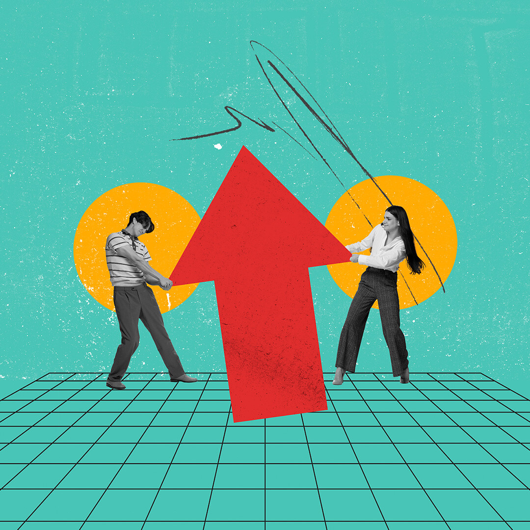 A red upward arrow symbolizes growth and results. Two people pull on the arrow, representing effort, teamwork, and strategy - the key elements of data-driven marketing.