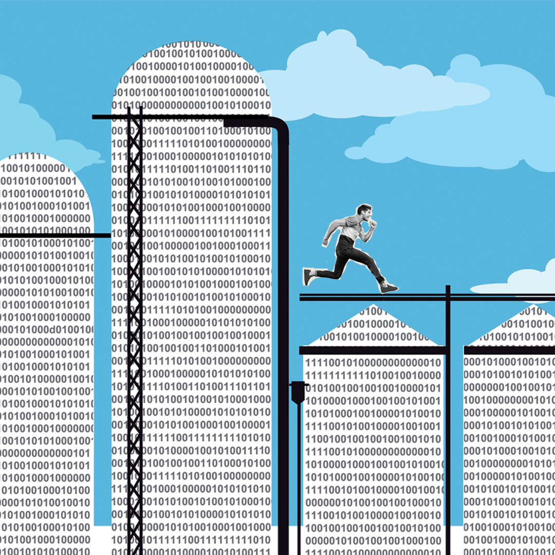 A person running on top of silos filled with data to represent the chaos of data silos.
