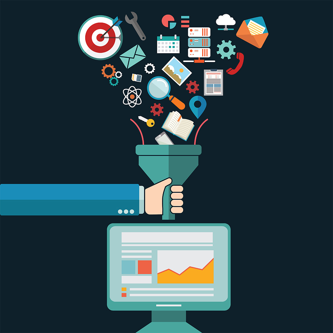 Illustration of a hand holding a funnel with various digital marketing icons—such as gears, calendars, email, and analytics—flowing through it and into a computer screen displaying data charts and graphs, symbolizing the process of filtering marketing insights into actionable strategies.