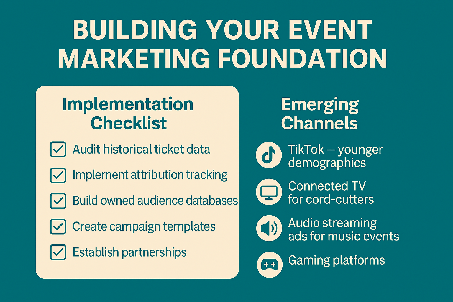 Infographic showing how to build an event marketing foundation: how to evaluate partners, a pre-event checklist, data privacy concerns, and emerging digital channels like TikTok and CTV. Uses icons and a clean three-section layout.
