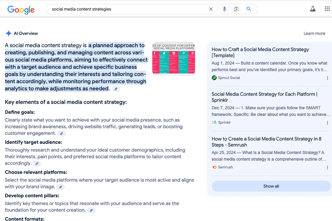 Screenshot of Google’s search results for ‘Social media content strategies,’ showing an AI-generated overview at the top of a Google Search page