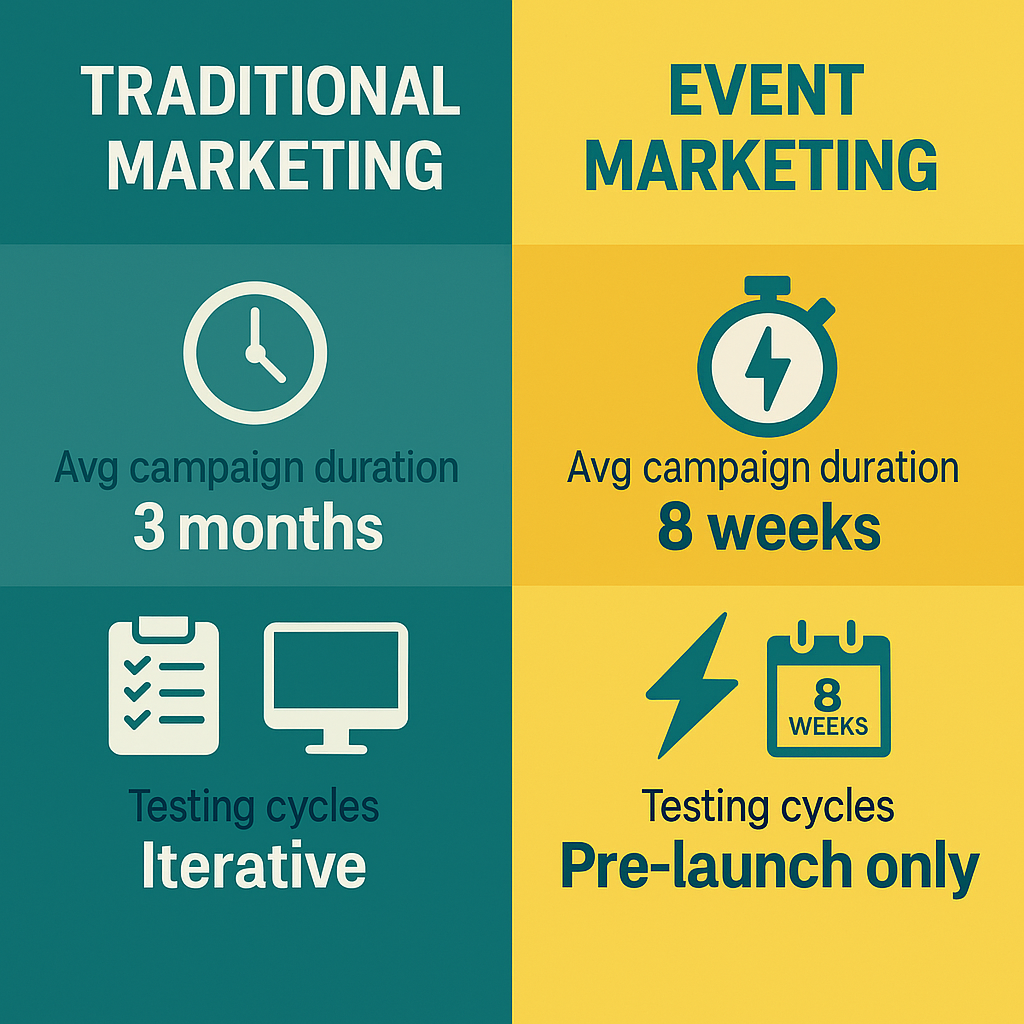 Infographic comparing event marketing and traditional marketing showing differences in campaign length and testing cycles.